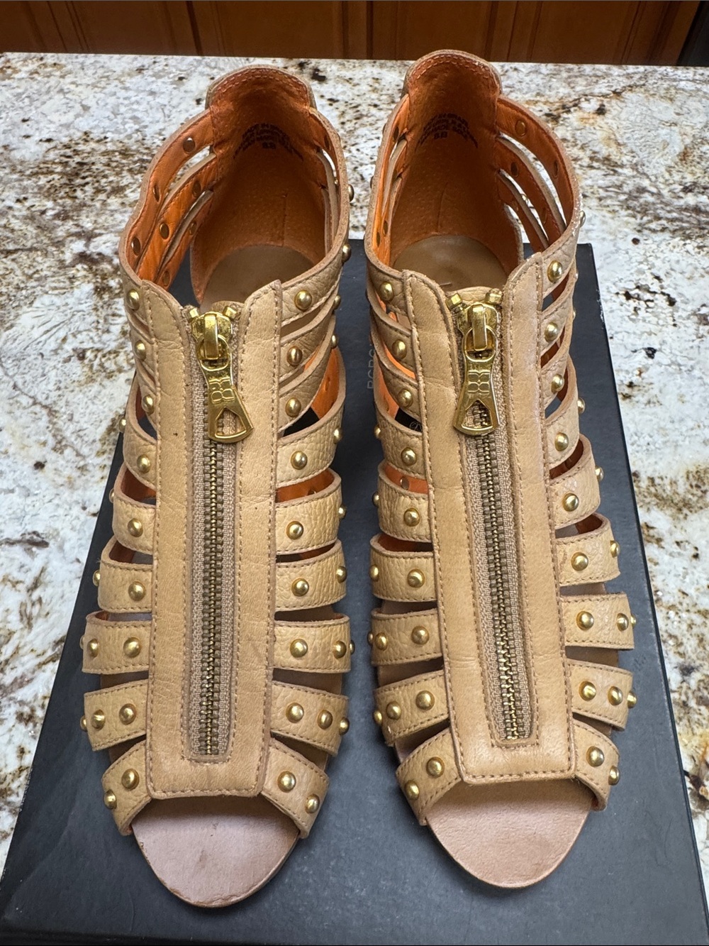 BCBGMaxAzria Tan Gladiator Stud Zip Sandals